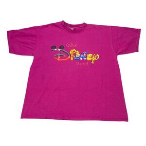 Vintage 80s Walt Disney World Pink Graphic T-Shirt Size L Cotton Short Sleeve